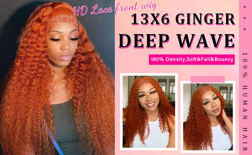 350# 13x6 200 Density 350 Ginger Orange 30 40 inch Lace Front Wig Human Hair Wigs 13x4 HD Lace Frontal Curly Wig For Woman