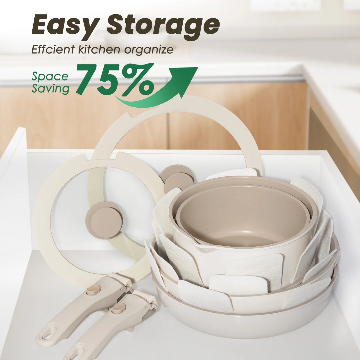 20-piece Pots And Pans Set, KIKCOIN Non-stick Ceramic Cookware Set With Removable Handles. Space-saving, Oven, Dishwasher.