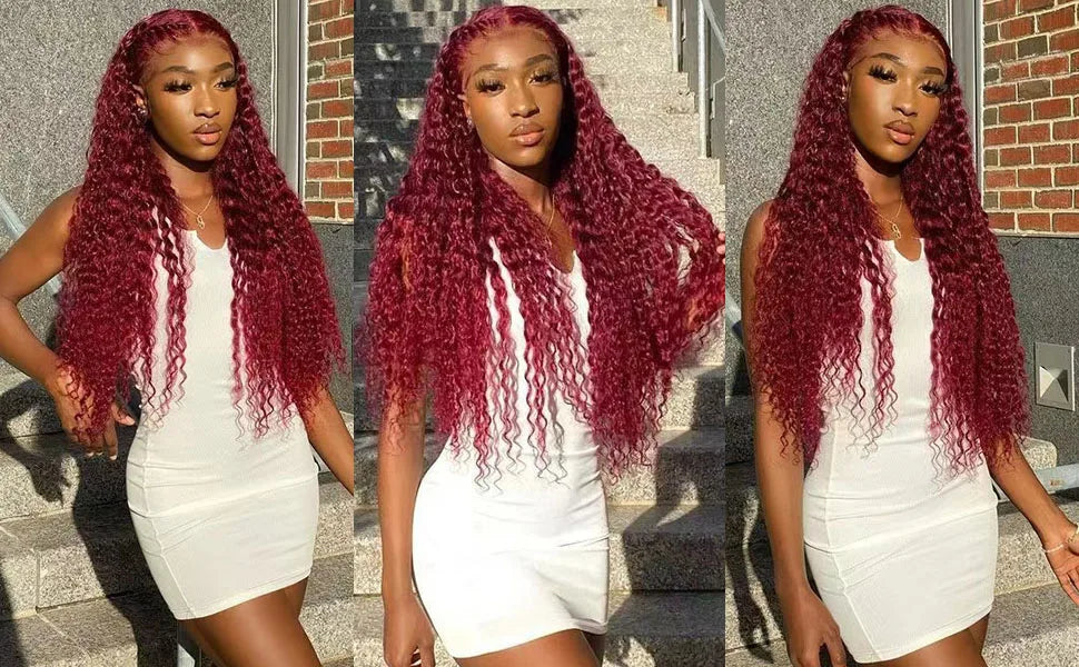 250 Density 30 Inch 13x4 99J Burgundy Deep Wave Lace Frontal Wig Curly Lace Front HD Lace Frontal Human Hair Wigs For Womem