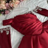 Bella Black Satin Beaded Robes De Soirée One Shoulder A-line Prom Dresses Customized Long Sleeves Floor-length Wedding Dress