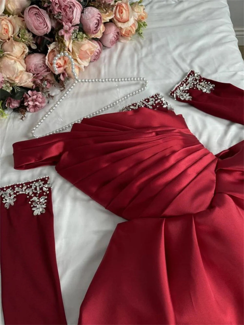 Bella Black Satin Beaded Robes De Soirée One Shoulder A-line Prom Dresses Customized Long Sleeves Floor-length Wedding Dress