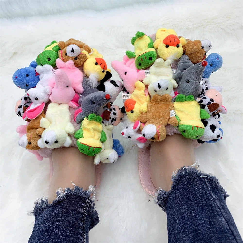 Home Slippers Women Cotton Slippers Furry Flip Flops House Shoes Cute Teddy Bear Slides Plush Pantuflas Women Cheap Slides