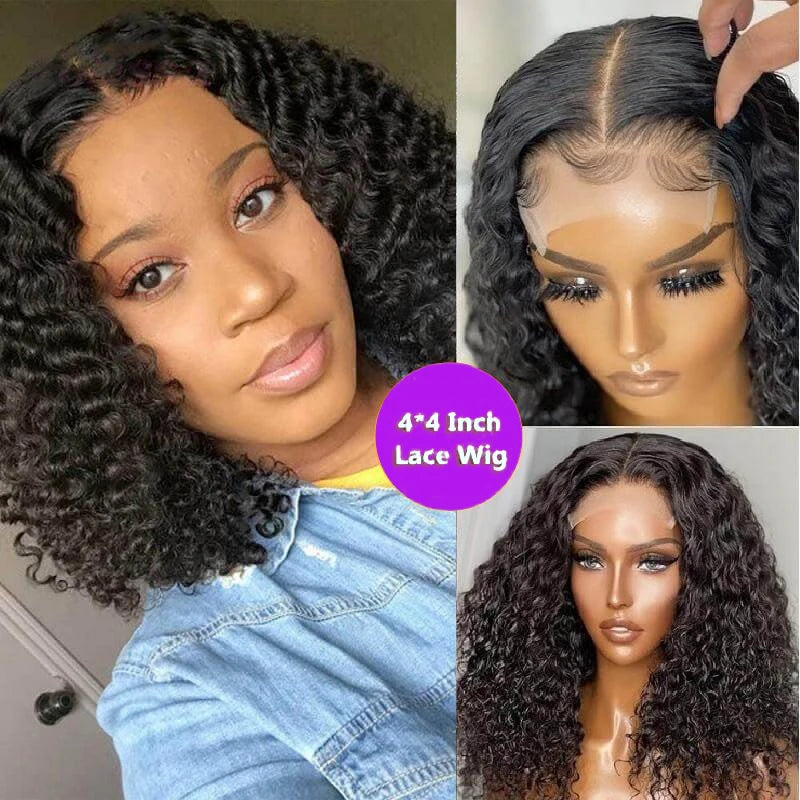 13x4 Short Bob Wig Human Hair Deep Wave 100% Brazilian Curly Human Hair Wigs Transparent Lace Front Wigs For Women Preplucked
