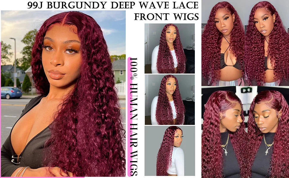 250 Density 30 Inch 13x4 99J Burgundy Deep Wave Lace Frontal Wig Curly Lace Front HD Lace Frontal Human Hair Wigs For Womem
