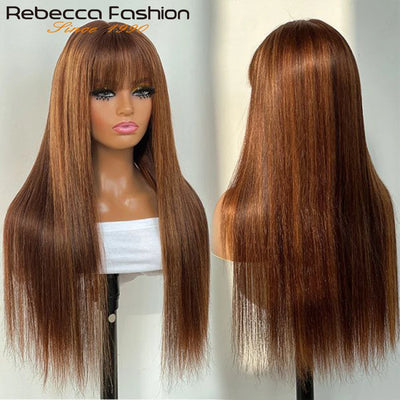 Rebecca 180D Straight Human Hair Wig With Bangs Fringe For Women Highlight Straight Bob Wigs Full Machine Made Put On And Go