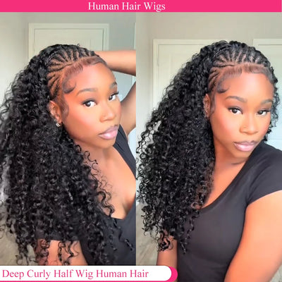 Deep Curly Half Wig Human Hair Glueless Wig Human Hair Ready to Wear 3 IN 1 Half Wig Drawstring Jerry Curly Glueless Half Wig
