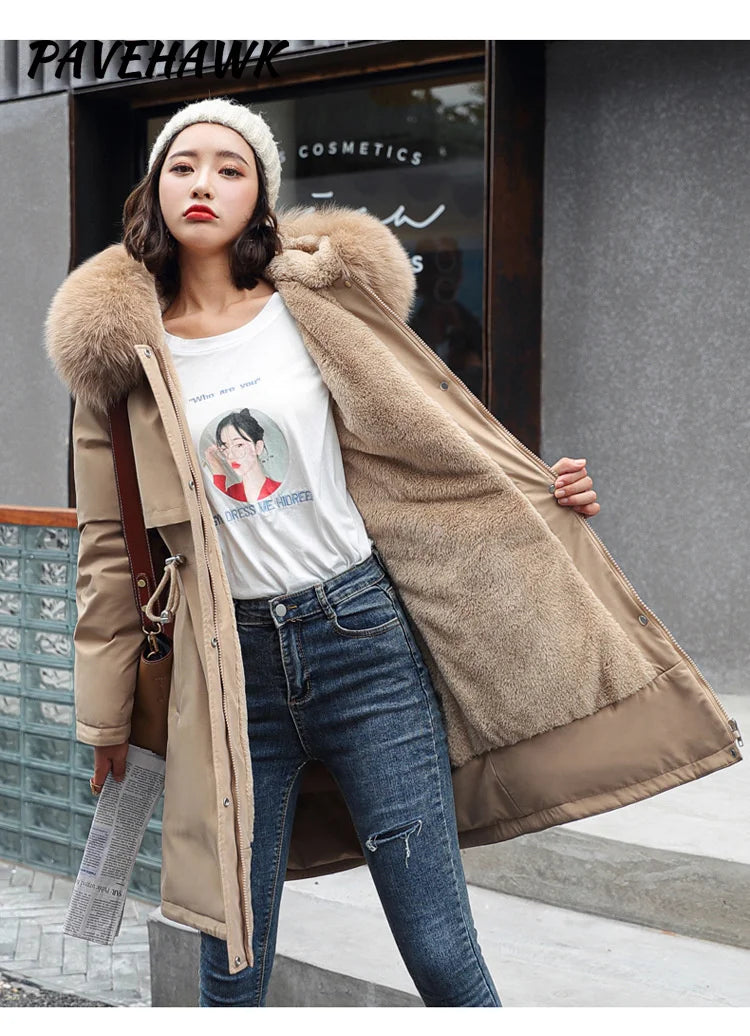 Women Winter Parka Warm Hooded Long Sleeve Zipper Thick Jackets Fur Collar Fleece Drawstring Long Coat Casual Streetwear Outwear