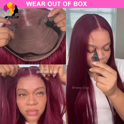 Burgundy Glueless Human Hair Wigs 13x4 Lace Front Wig Pre-Plucked Wear Go Straight Human Hair Lace Frontal Wigs for Black Women