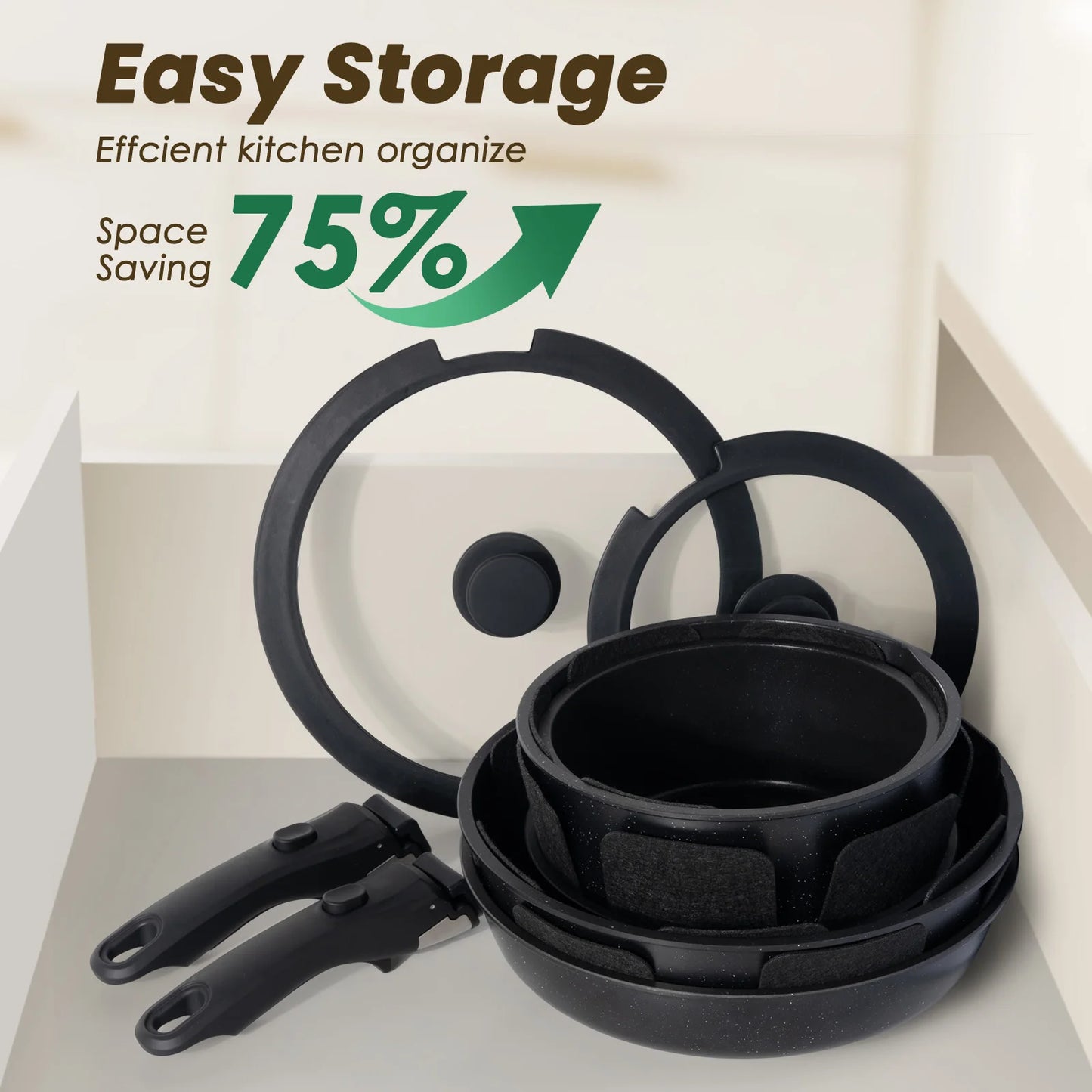 20-piece Pots And Pans Set, KIKCOIN Non-stick Ceramic Cookware Set With Removable Handles. Space-saving, Oven, Dishwasher