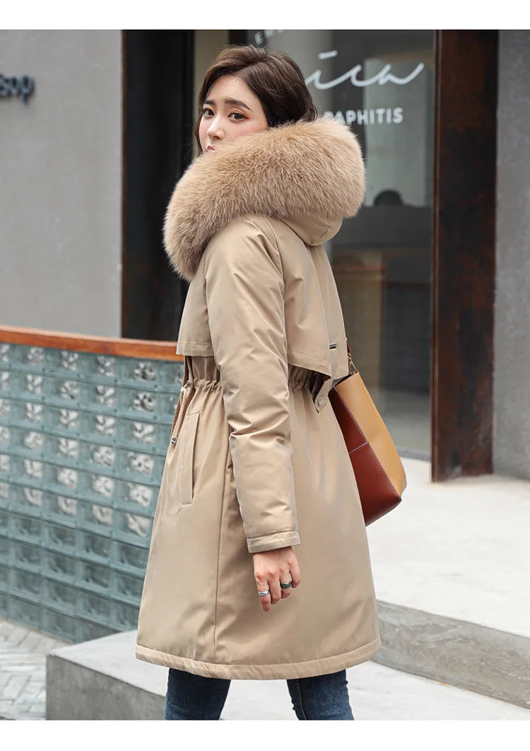 Women Winter Parka Warm Hooded Long Sleeve Zipper Thick Jackets Fur Collar Fleece Drawstring Long Coat Casual Streetwear Outwear
