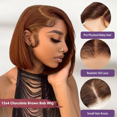 13x4 Transparent HD Lace Frontal Wig Short Bob Wig Human Hair Chocolate Brown #4 Lace Front Wigs Pre Plucked Short Straight Wig