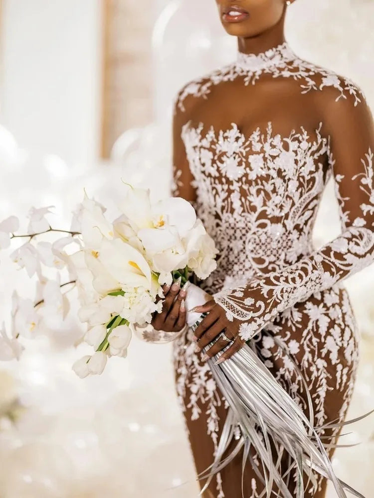 Sexy Mermaid Wedding Dresses High Neck See Through Lace Appliques Bridal Gowns Sweep Train Long Sleeve African Vestido de novia