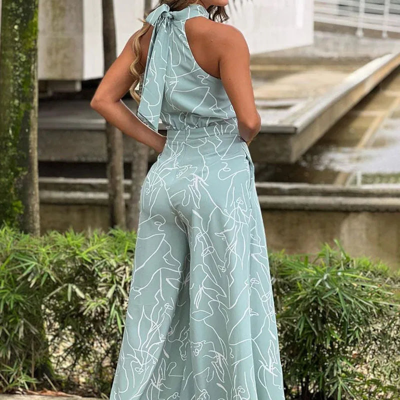 Summer women's geometric printed sleeveless pants with elegant temperament cinched waist tie up hanging neck style jumpsuit