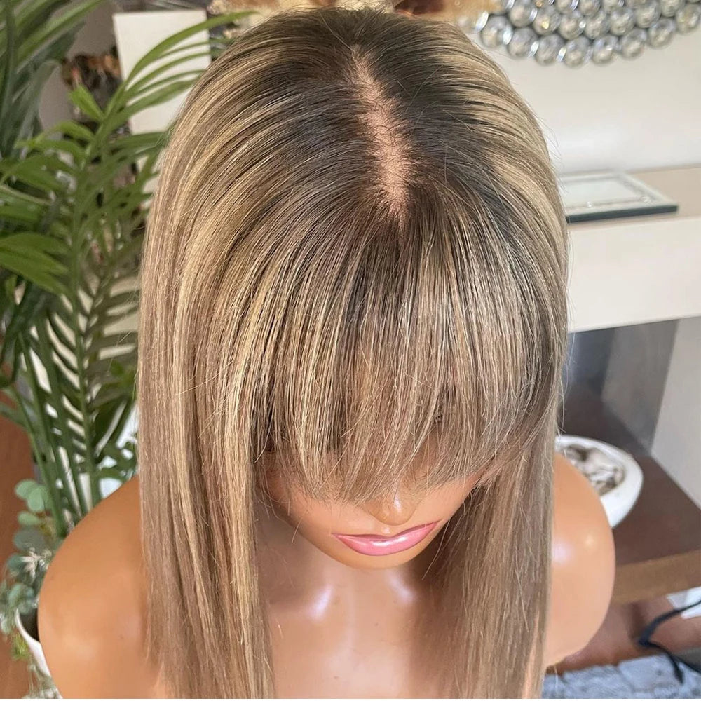 Ash Blonde Balayage Ombré Roots Cute Bangs Wig 100% Premium Virgin Human Hair HD Lace Front Wig 150 Density Straight Bob Wig