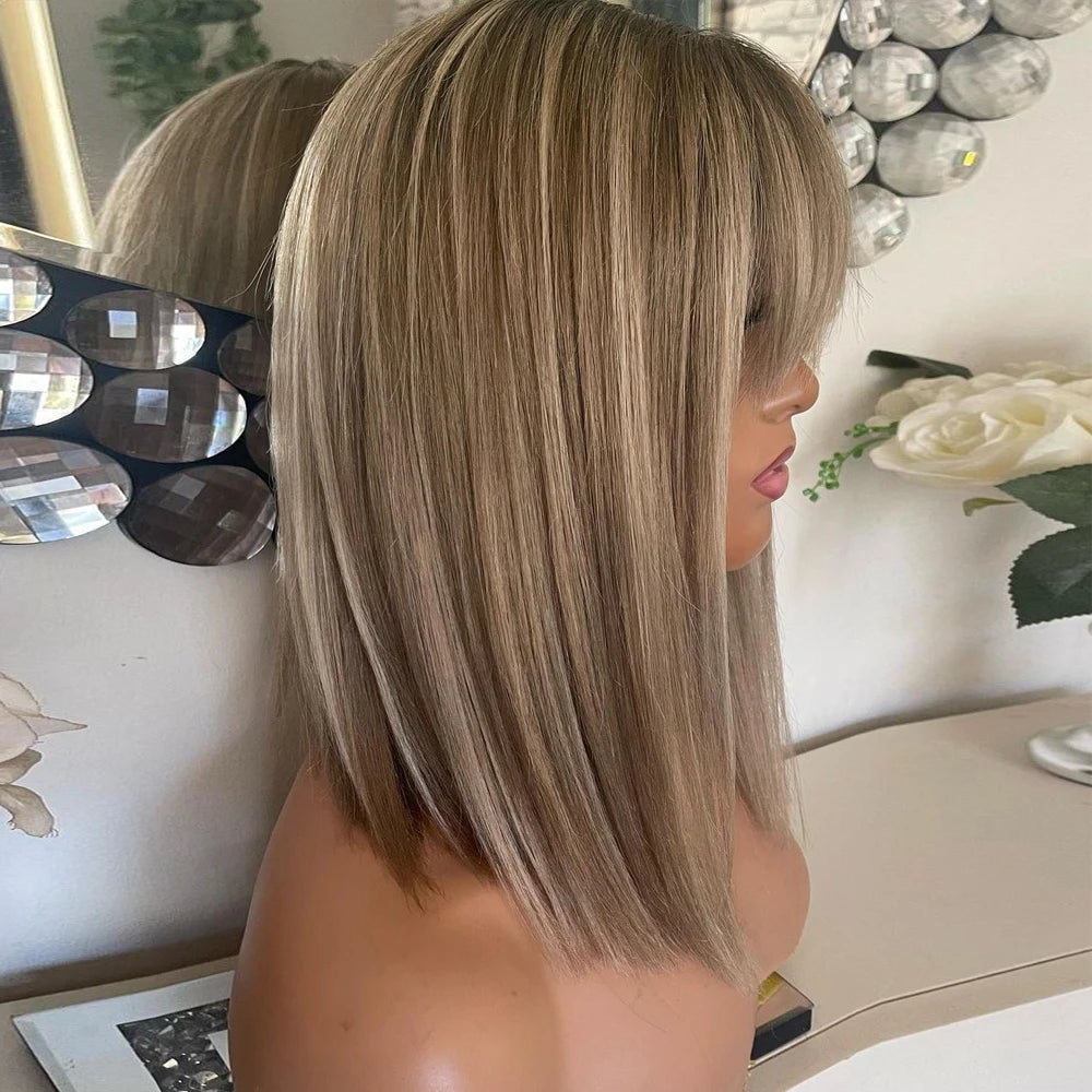 Ash Blonde Balayage Ombré Roots Cute Bangs Wig 100% Premium Virgin Human Hair HD Lace Front Wig 150 Density Straight Bob Wig