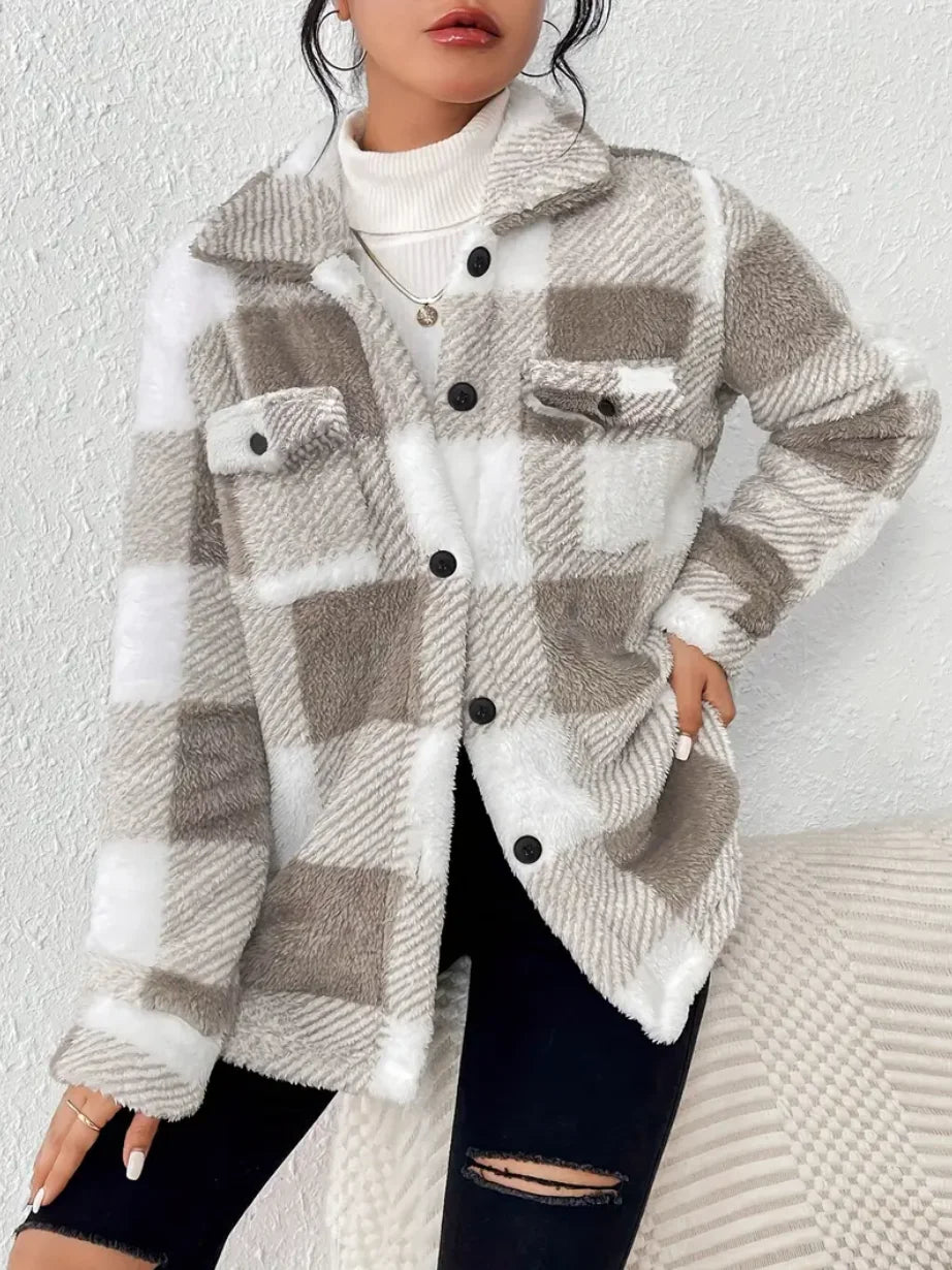 Plaid Pattern Button Front Jacket, Elegant Long Sleeve Warm Outerwear For Fall & Winter, Women's Clothing