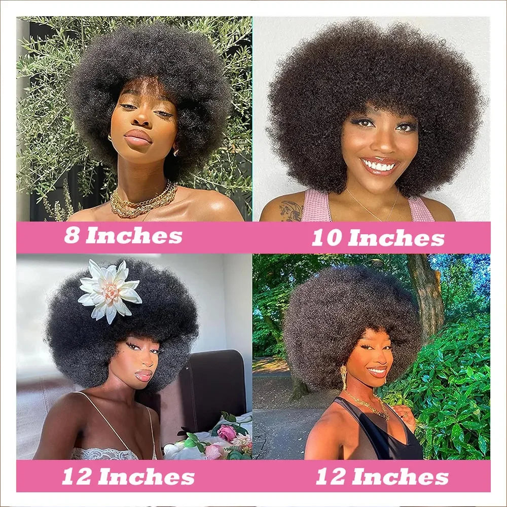 Short Afro Kinky Curly Human Hair Wig With Bangs Fluffy Natural Bob Wigs Brazilian Full Machine Made Wigs On Sale  180% Density