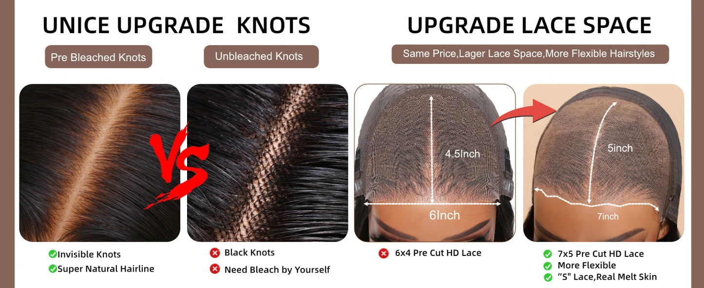 UNice Hair Bye Bye Knots 7x5 Lace Glueless Wig Brown Balayage Body Wave Human Hair Lace Front Wig Pre Cut Pre Bleached Lace Wig