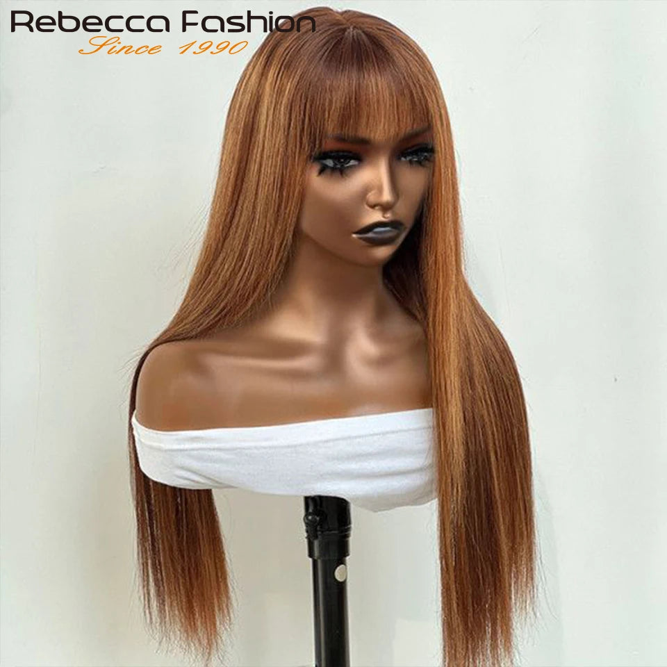 Rebecca 180D Straight Human Hair Wig With Bangs Fringe For Women Highlight Straight Bob Wigs Full Machine Made Put On And Go