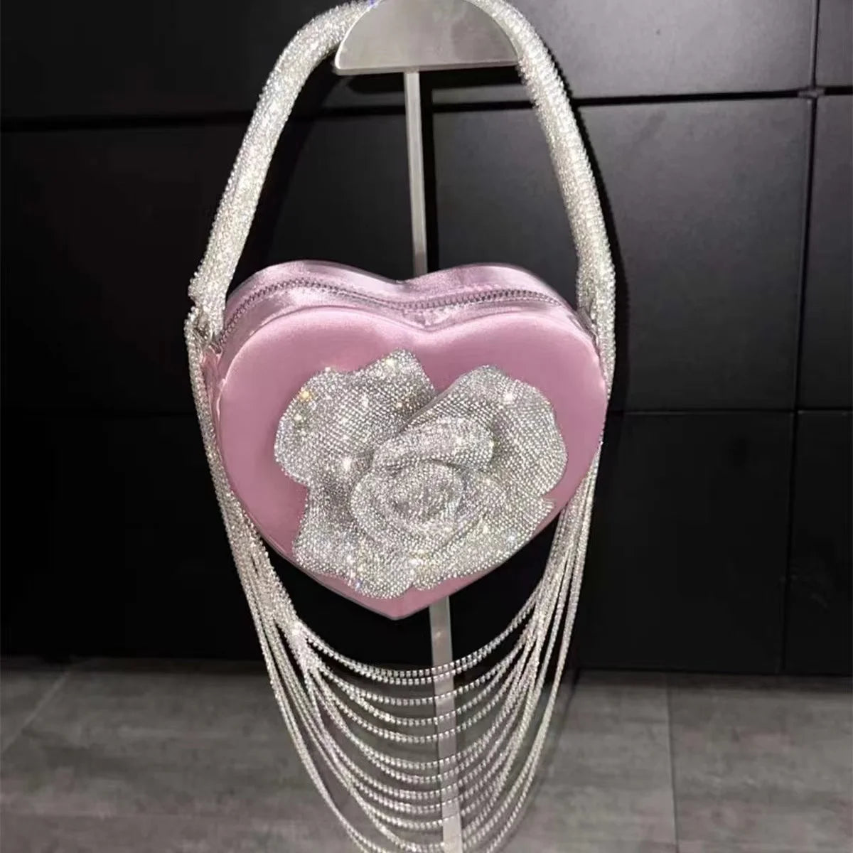 Luxury Glitter Floral Rhinestone Diamond Tassel Evening Bag Heart-Shaped Women's Handbag Wedding Party Clutch Purse Shoulder Bag