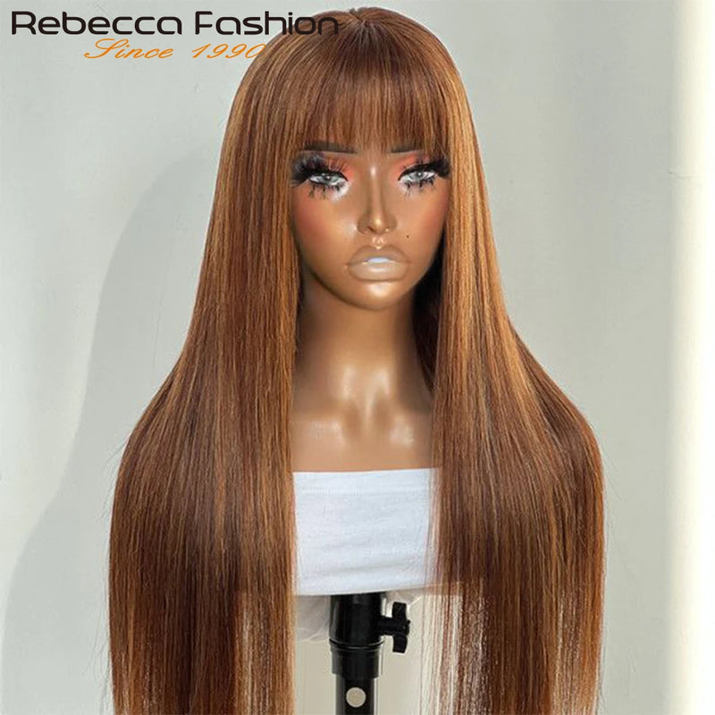 Rebecca 180D Straight Human Hair Wig With Bangs Fringe For Women Highlight Straight Bob Wigs Full Machine Made Put On And Go