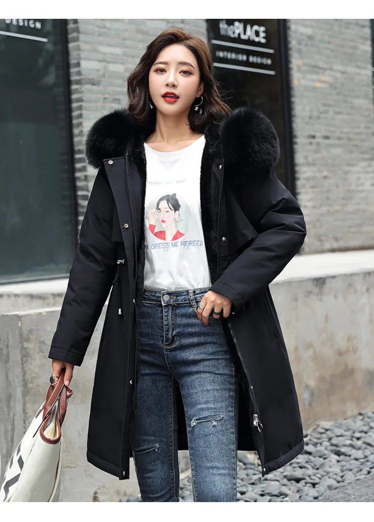 Women Winter Parka Warm Hooded Long Sleeve Zipper Thick Jackets Fur Collar Fleece Drawstring Long Coat Casual Streetwear Outwear