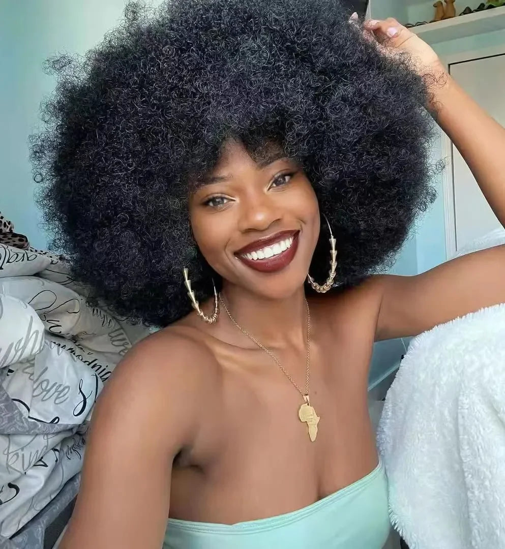 Short Afro Kinky Curly Human Hair Wig With Bangs Fluffy Natural Bob Wigs Brazilian Full Machine Made Wigs On Sale  180% Density