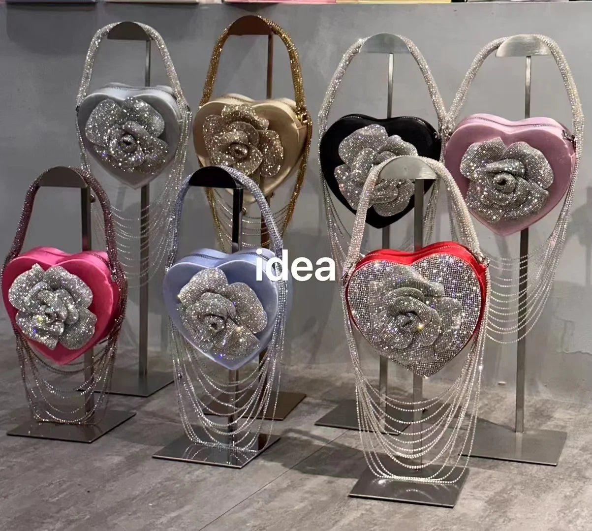 Luxury Glitter Floral Rhinestone Diamond Tassel Evening Bag Heart-Shaped Women's Handbag Wedding Party Clutch Purse Shoulder Bag
