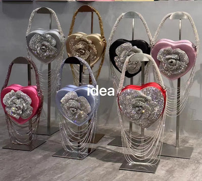 Luxury Glitter Floral Rhinestone Diamond Tassel Evening Bag Heart-Shaped Women's Handbag Wedding Party Clutch Purse Shoulder Bag