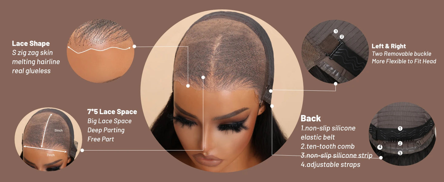 UNice Hair Bye Bye Knots 7x5 Lace Glueless Wig Brown Balayage Body Wave Human Hair Lace Front Wig Pre Cut Pre Bleached Lace Wig