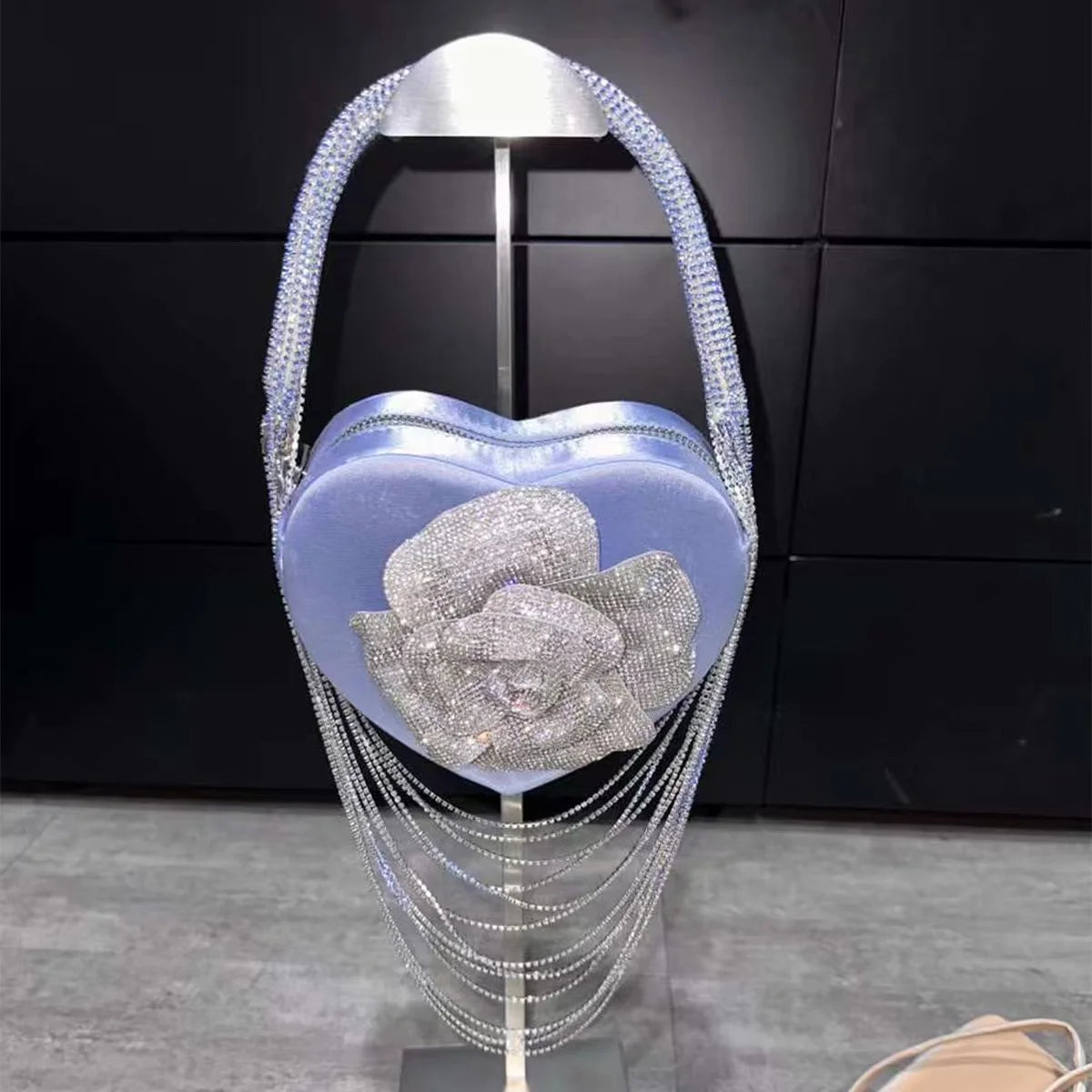 Luxury Glitter Floral Rhinestone Diamond Tassel Evening Bag Heart-Shaped Women's Handbag Wedding Party Clutch Purse Shoulder Bag