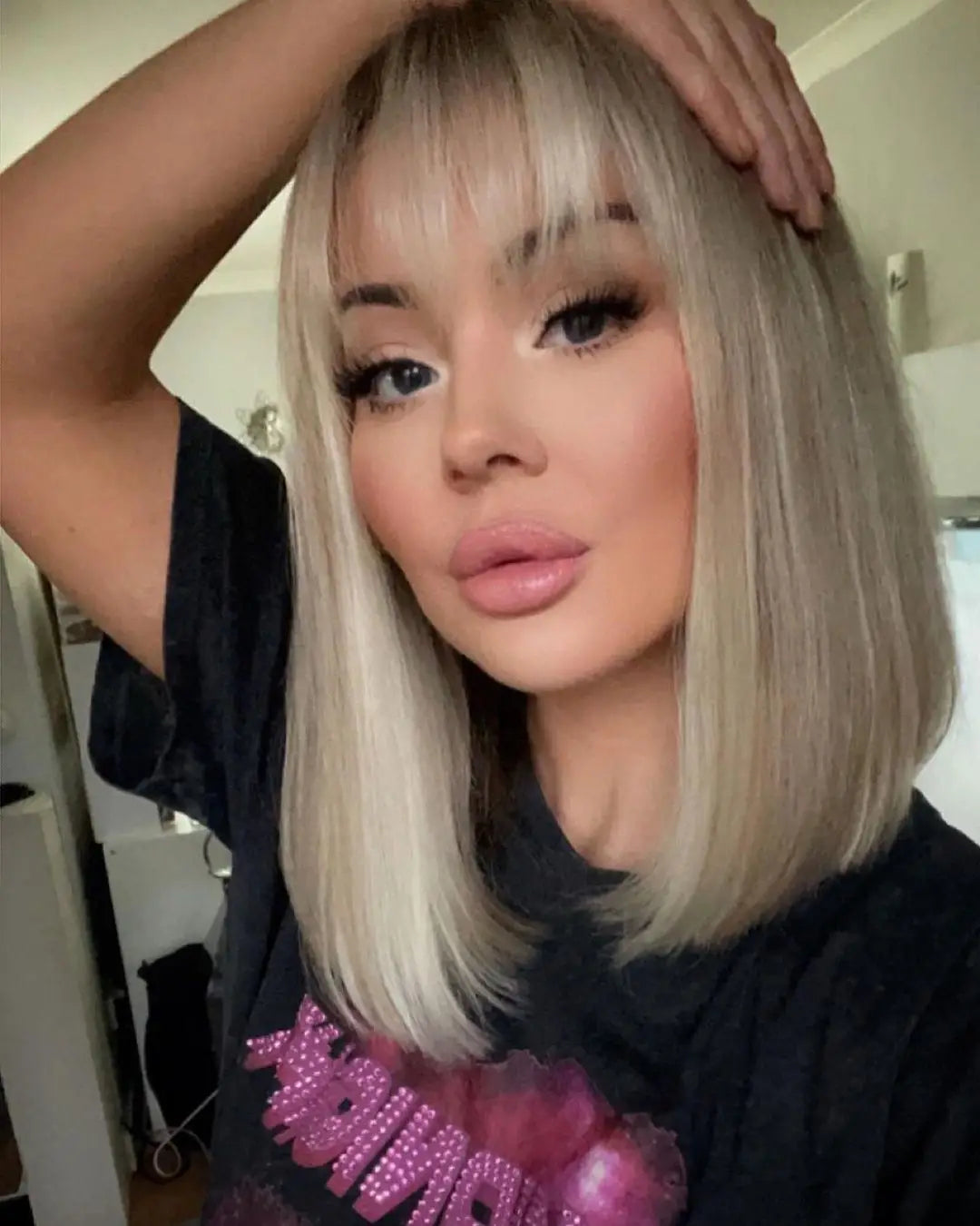 Ash Blonde Balayage Ombré Roots Cute Bangs Wig 100% Premium Virgin Human Hair HD Lace Front Wig 150 Density Straight Bob Wig