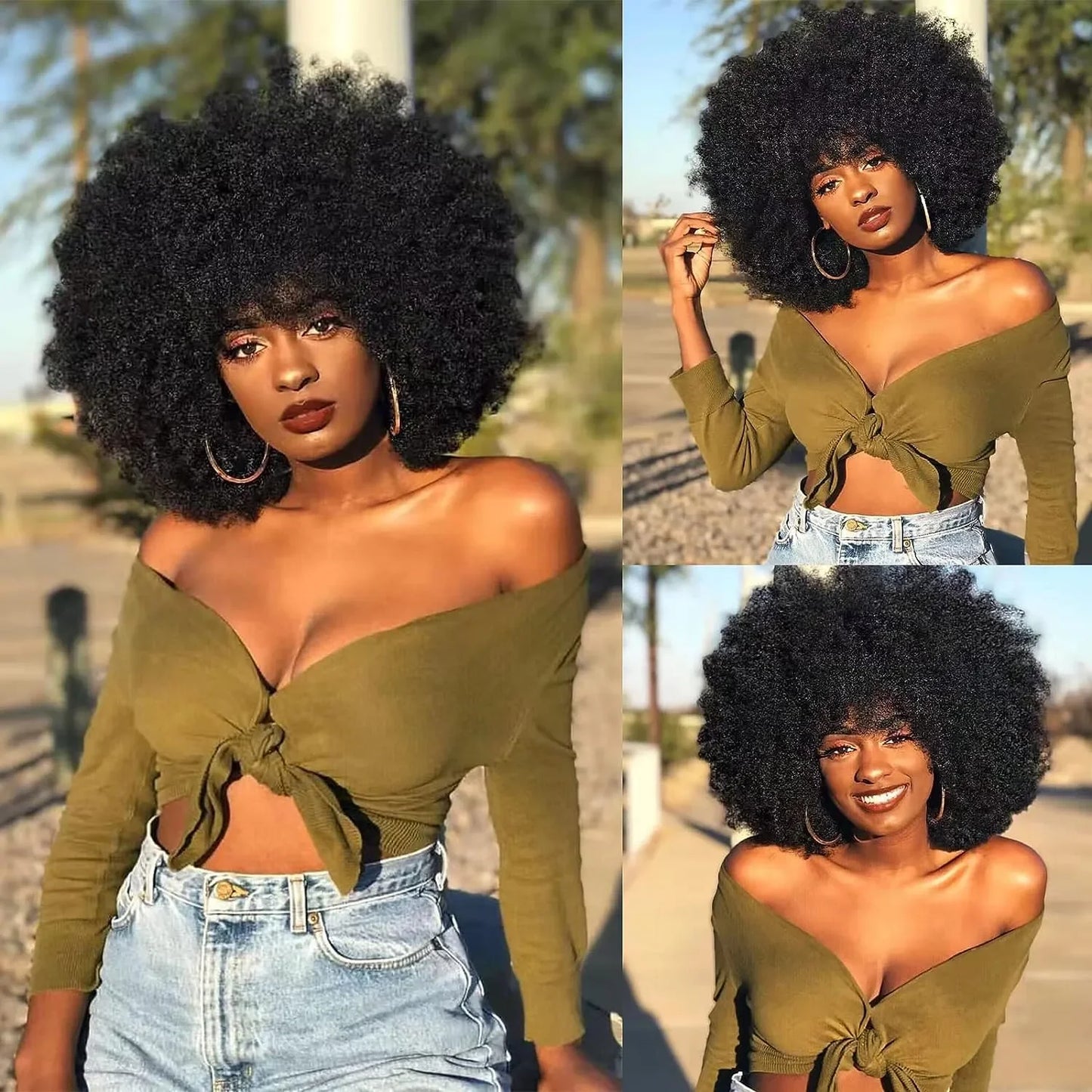 Short Afro Kinky Curly Human Hair Wig With Bangs Fluffy Natural Bob Wigs Brazilian Full Machine Made Wigs On Sale  180% Density