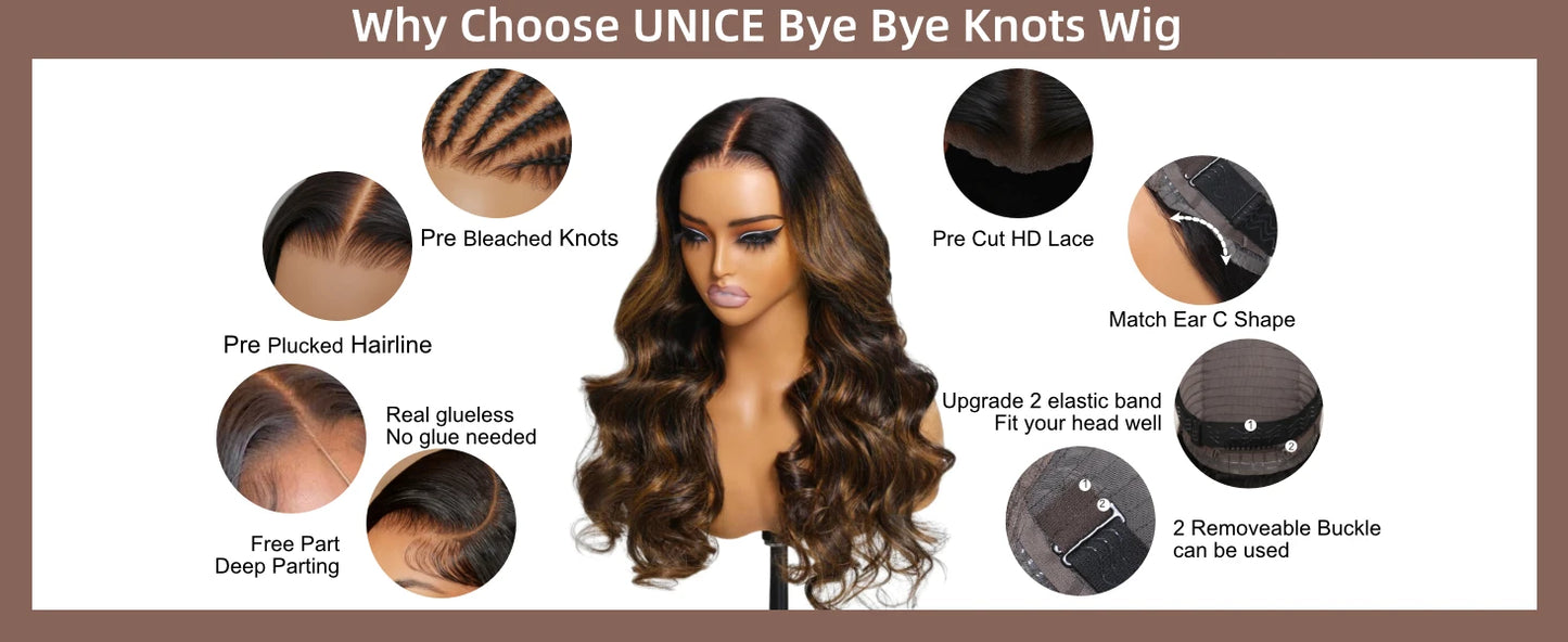 UNice Hair Bye Bye Knots 7x5 Lace Glueless Wig Brown Balayage Body Wave Human Hair Lace Front Wig Pre Cut Pre Bleached Lace Wig