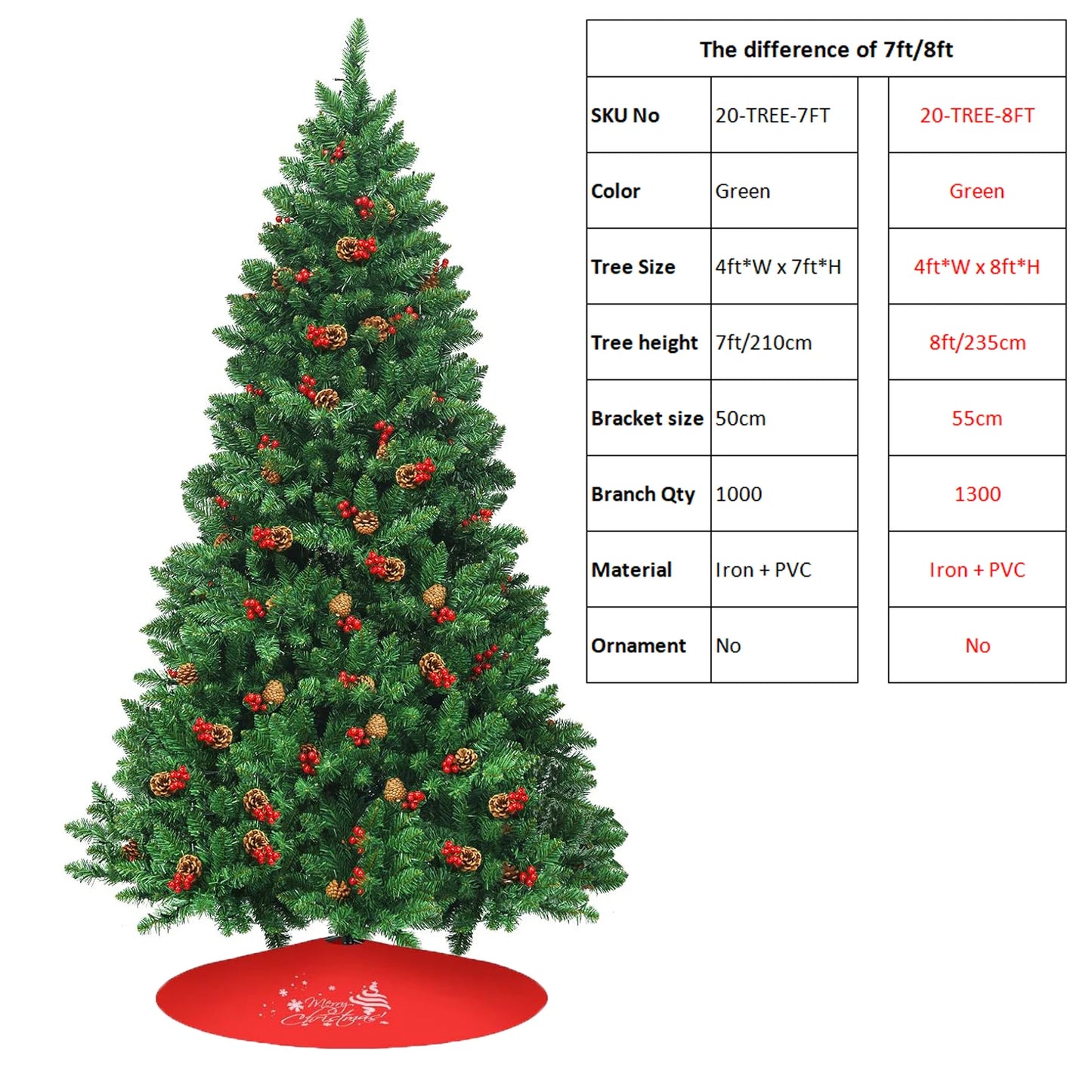 Classic Pine Tree 7FT/8FT Pre-Artificial Christmas Tree, with Metal Hinges 1000 PVC Branches Artificial Xmas Tree Home Decor