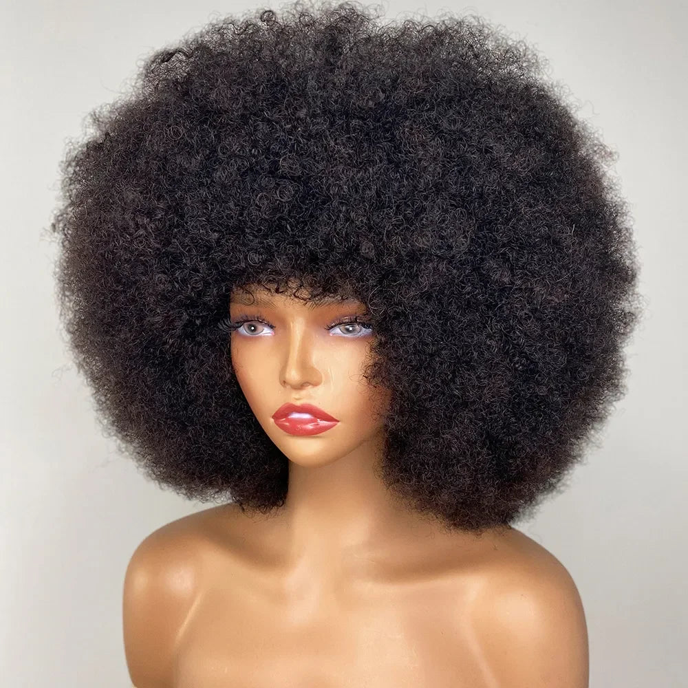 Short Afro Kinky Curly Human Hair Wig With Bangs Fluffy Natural Bob Wigs Brazilian Full Machine Made Wigs On Sale  180% Density