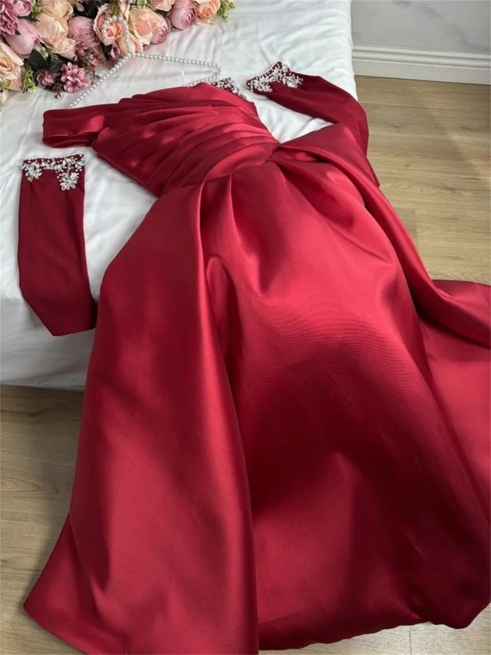 Bella Black Satin Beaded Robes De Soirée One Shoulder A-line Prom Dresses Customized Long Sleeves Floor-length Wedding Dress