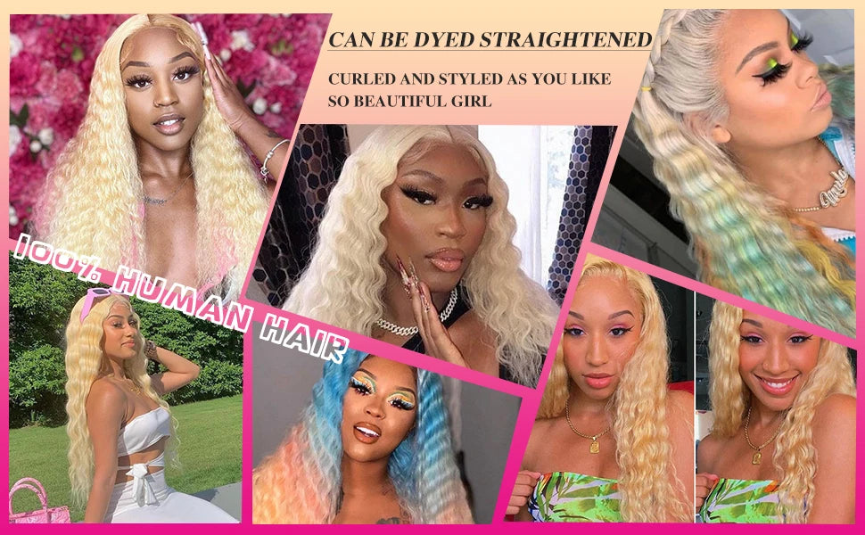 40 inch Curly 613 Honey Blonde Lace Front Human Hair Wigs Loose Deep Wave 13x6 HD Water Wave Color Transparent Lace Frontal Wig
