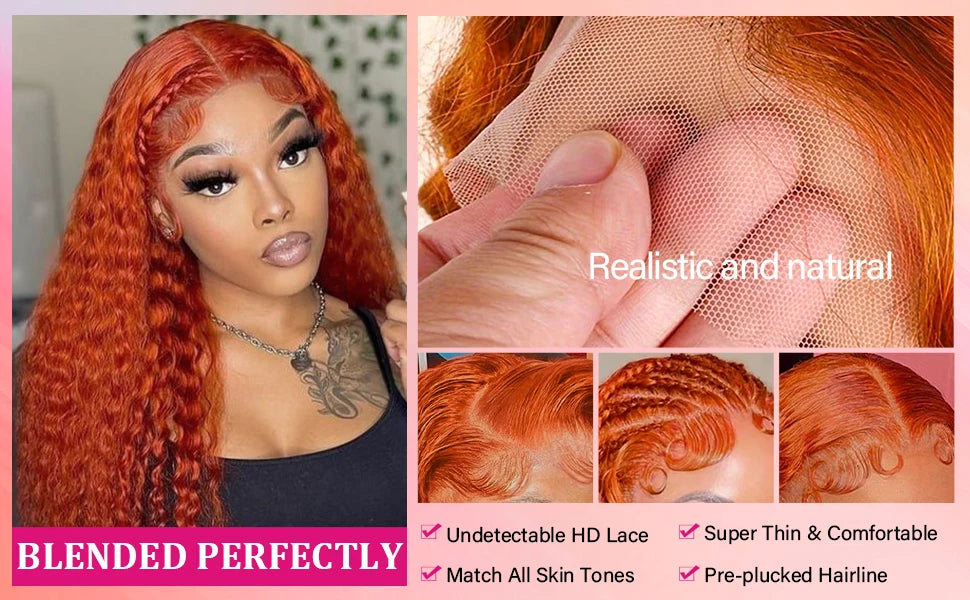 350# 13x6 200 Density 350 Ginger Orange 30 40 inch Lace Front Wig Human Hair Wigs 13x4 HD Lace Frontal Curly Wig For Woman