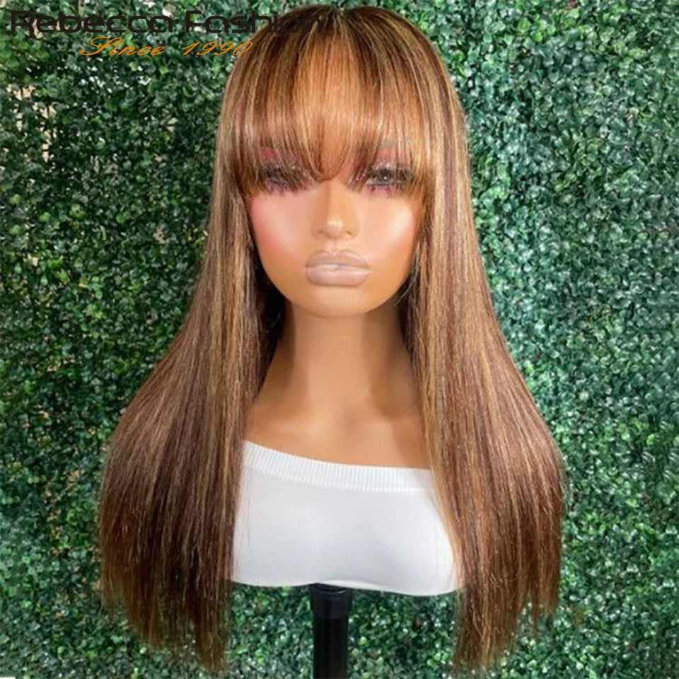 Rebecca 180D Straight Human Hair Wig With Bangs Fringe For Women Highlight Straight Bob Wigs Full Machine Made Put On And Go
