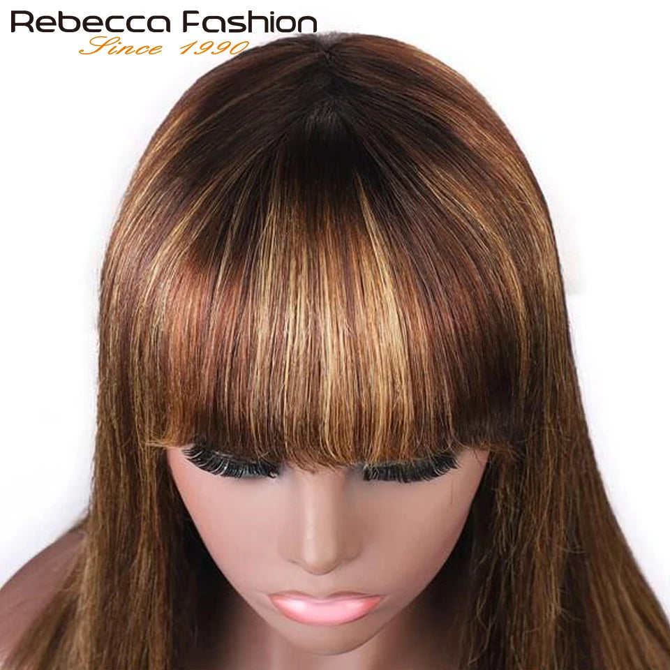 Rebecca Highlight P4/30/27 Human Hair Wigs Straight With Bangs Fringe Brazilian Straight Human Hair Wigs Full Machine Made Wigs