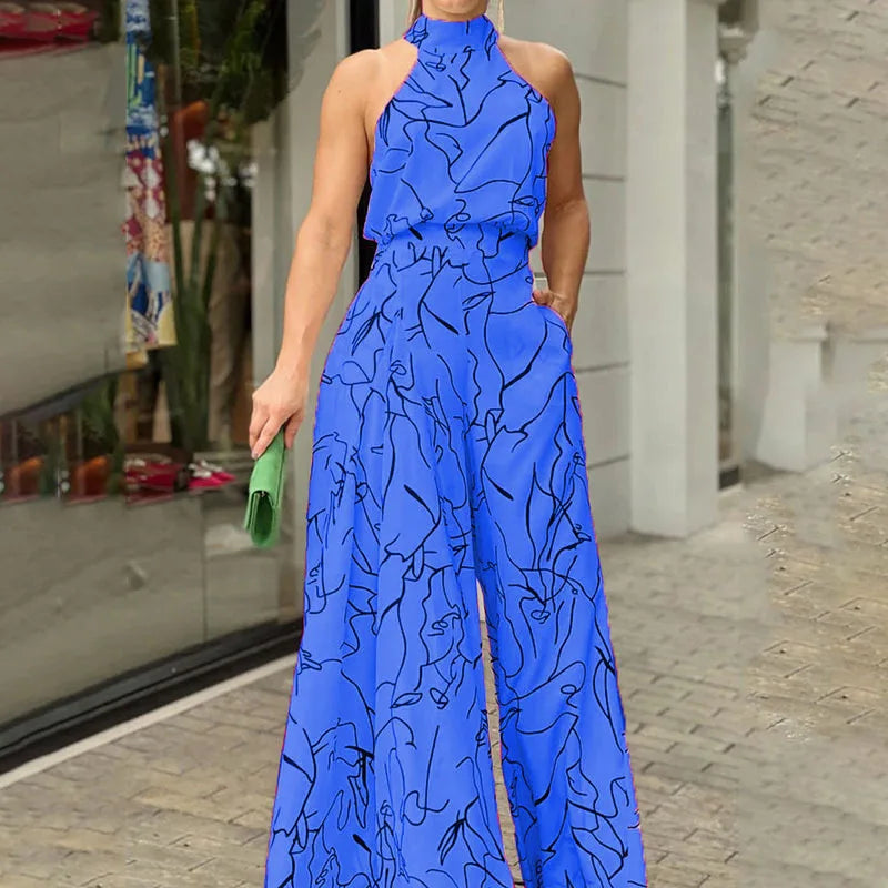 Summer women's geometric printed sleeveless pants with elegant temperament cinched waist tie up hanging neck style jumpsuit
