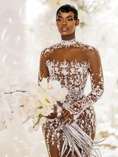 Sexy Mermaid Wedding Dresses High Neck See Through Lace Appliques Bridal Gowns Sweep Train Long Sleeve African Vestido de novia