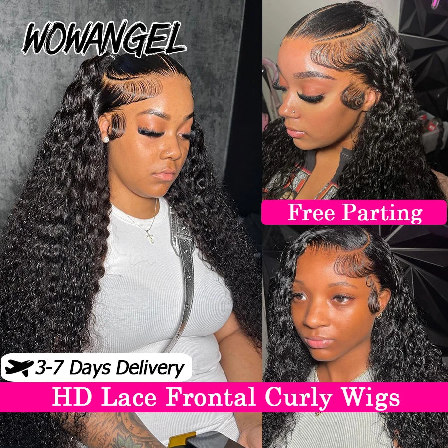 Wow Angel 13x6 HD Lace Frontal Wigs Water Wave Wigs Pre Plucked Human Hair Wigs Melt Skins Curly Brazilian Hair For Women