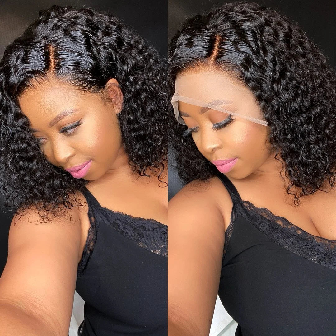 Brazilian 100% Human Deep Curly Bob Hair Wigs Natural Black Color Deep Wave HD Lace Front Part 13x4 Transparent Lace Wigs