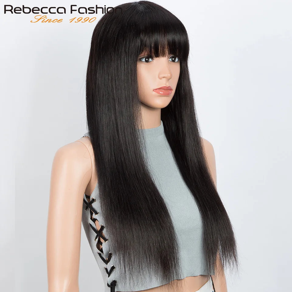Rebecca 180D Straight Human Hair Wig With Bangs Fringe For Women Highlight Straight Bob Wigs Full Machine Made Put On And Go