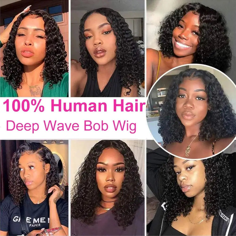 Curly Short Bob 200% HD 13X4 Lace Frontal 100% Natural Human Hair Wigs Deep Water Wave 13X4 Lace Front Wig 4x4 Closure For Women