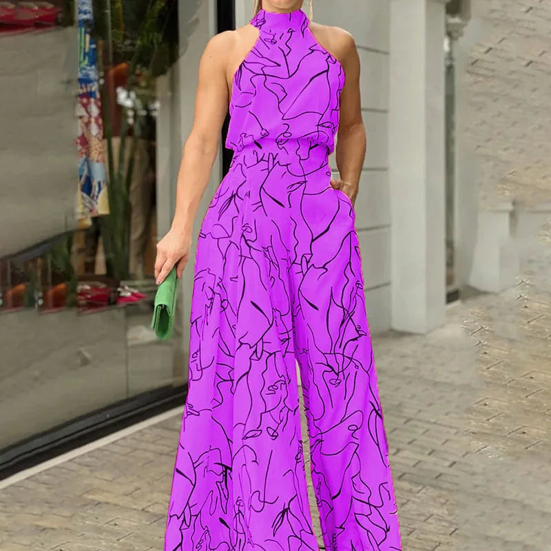 Summer women's geometric printed sleeveless pants with elegant temperament cinched waist tie up hanging neck style jumpsuit