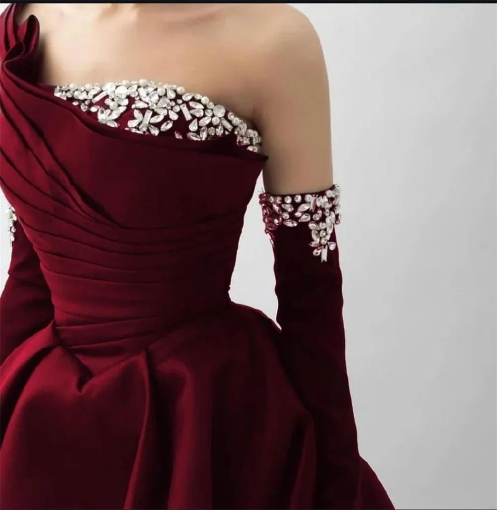 Bella Black Satin Beaded Robes De Soirée One Shoulder A-line Prom Dresses Customized Long Sleeves Floor-length Wedding Dress