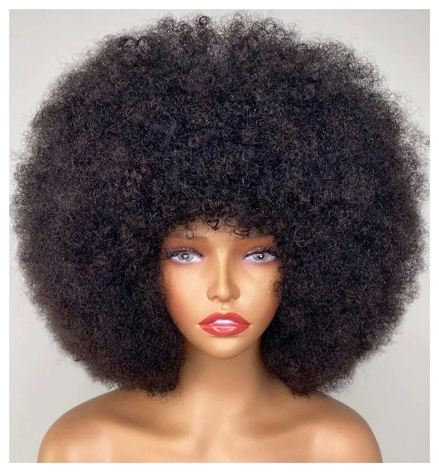 Short Afro Kinky Curly Human Hair Wig With Bangs Fluffy Natural Bob Wigs Brazilian Full Machine Made Wigs On Sale  180% Density